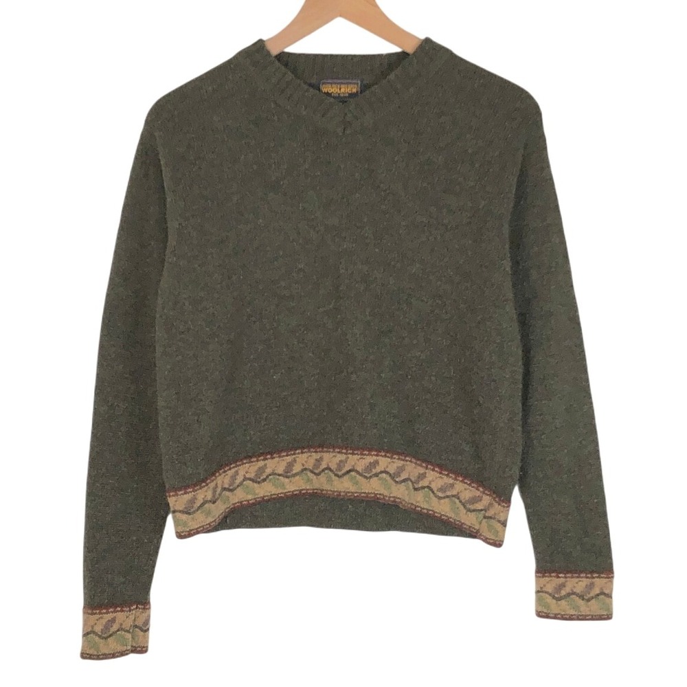 VTG WOOLRICH Loden Heather Sweater Sz M Fits S Gray Intarsia Trim V-Neck L/S